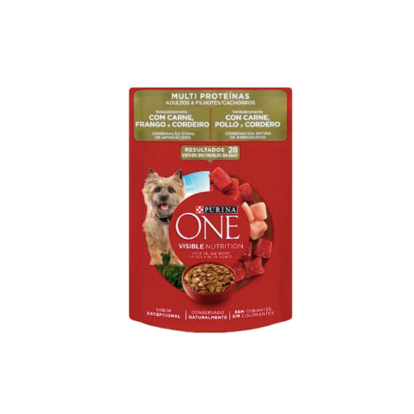 7a642one dog 595x595 - Sobre Purina One Perro Cachorro y Adulto Carne Pollo y Cordero  85 g.